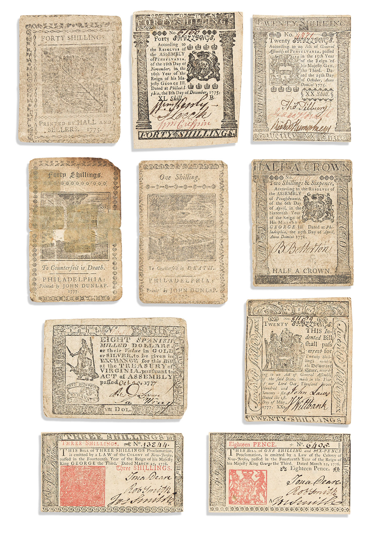 (AMERICAN REVOLUTION--CURRENCY.) 10 pieces of paper currency issued in the mid-Atlantic states early in the war.